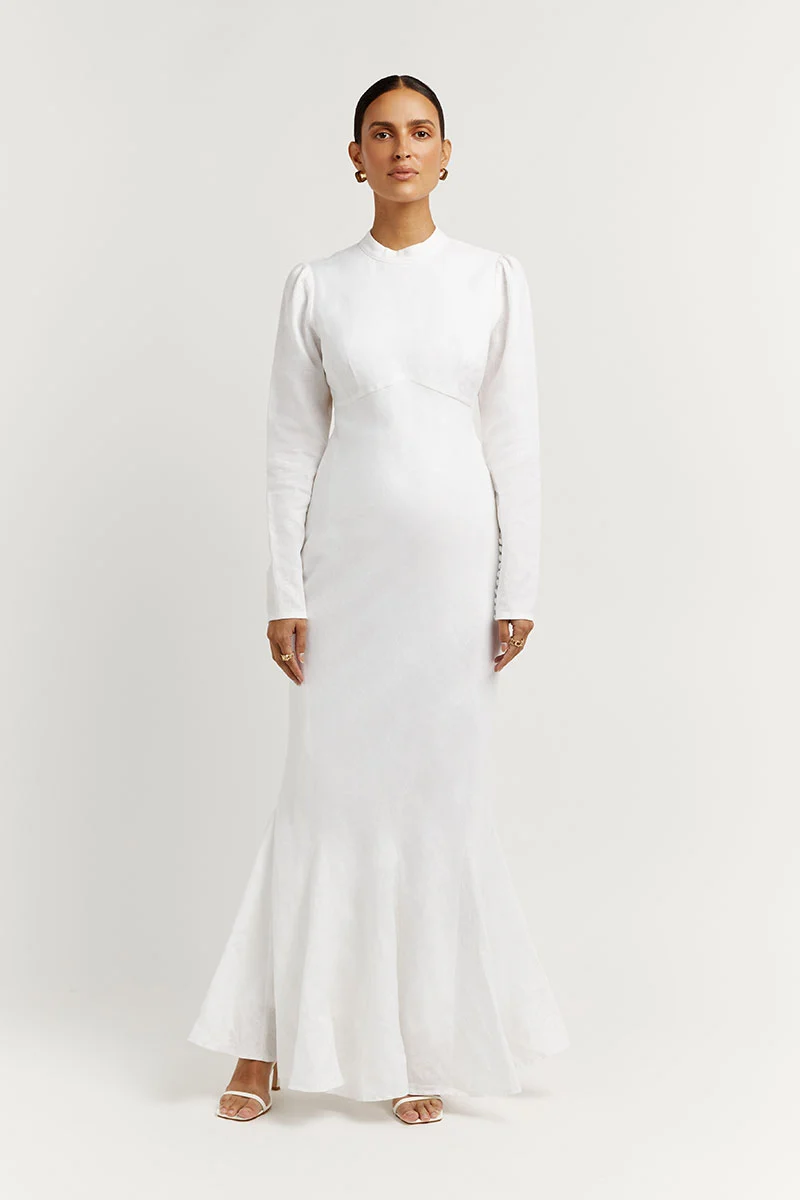 AISLE WHITE LINEN SLEEVE MIDI DRESS