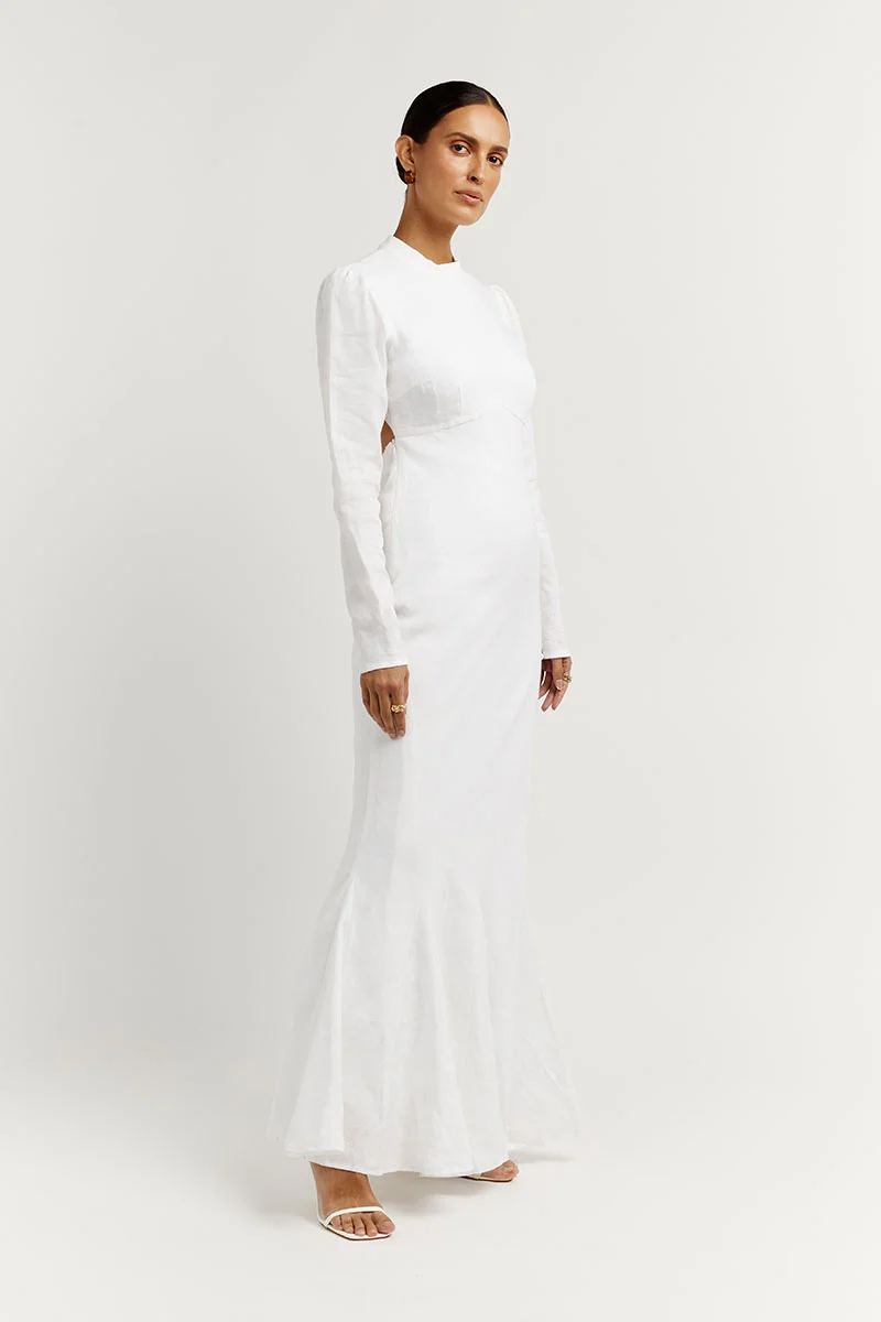 AISLE WHITE LINEN SLEEVE MIDI DRESS - Image 2
