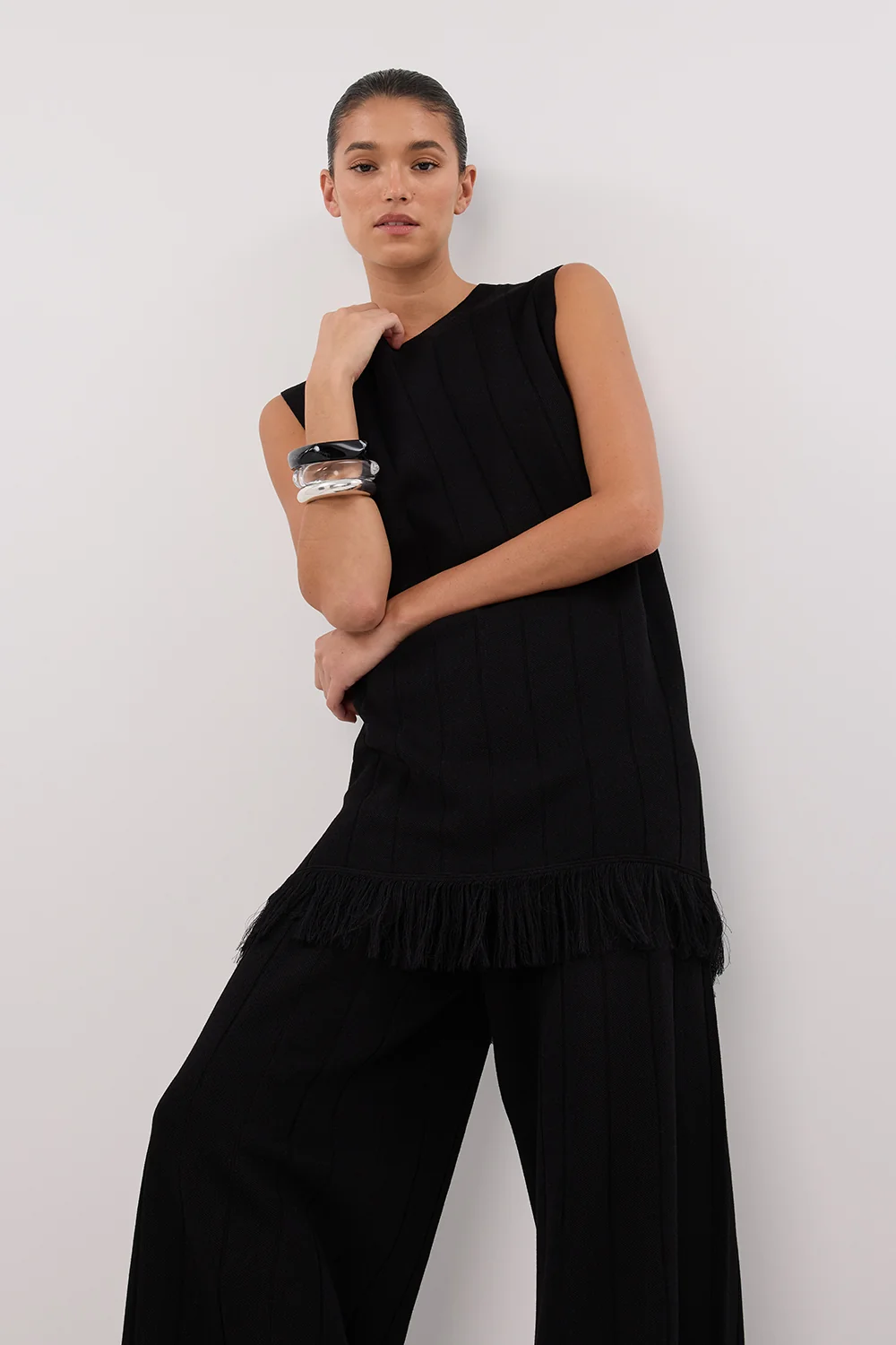 ARIA BLACK FRINGED TUNIC TOP - Image 2