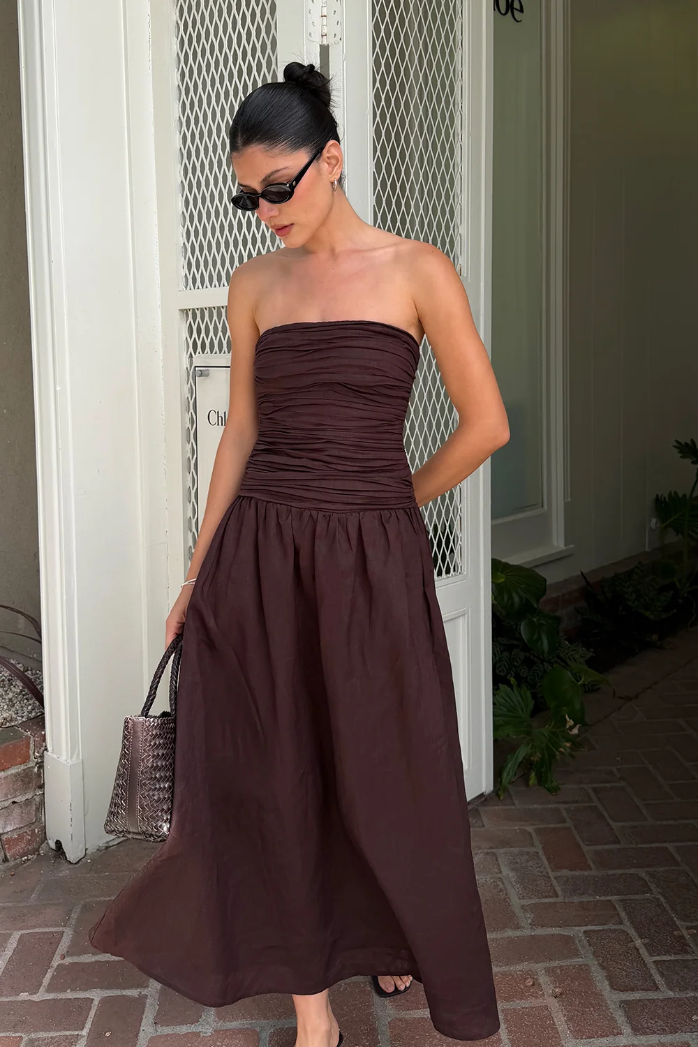 AUBRIELLA BURNT CHOC LINEN MIDI DRESS - Image 2