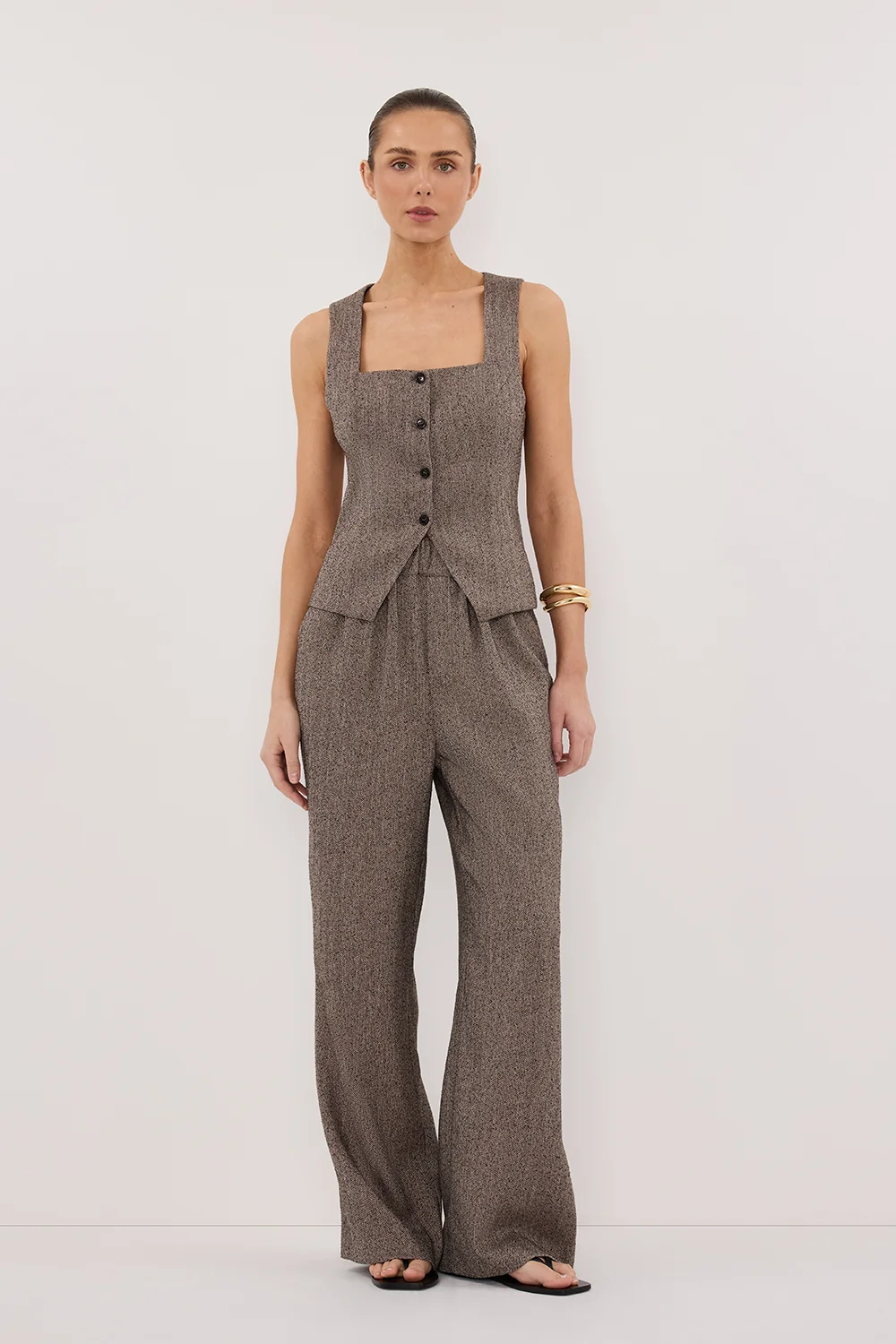 FRANKIE CHOC TWEED SQUARE NECK VEST