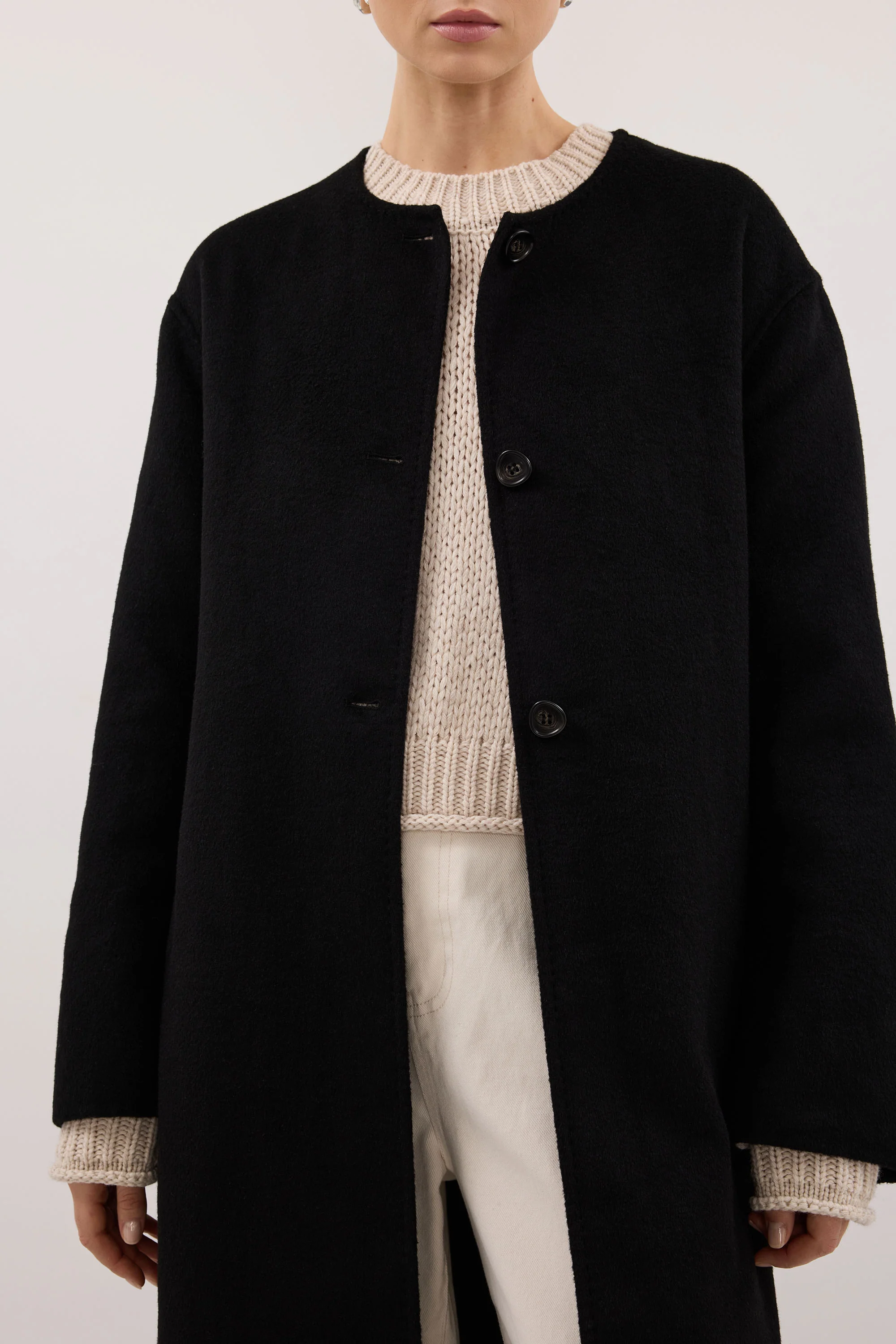 GRETA BLACK COLLARLESS WOOL BLEND COAT - Image 5