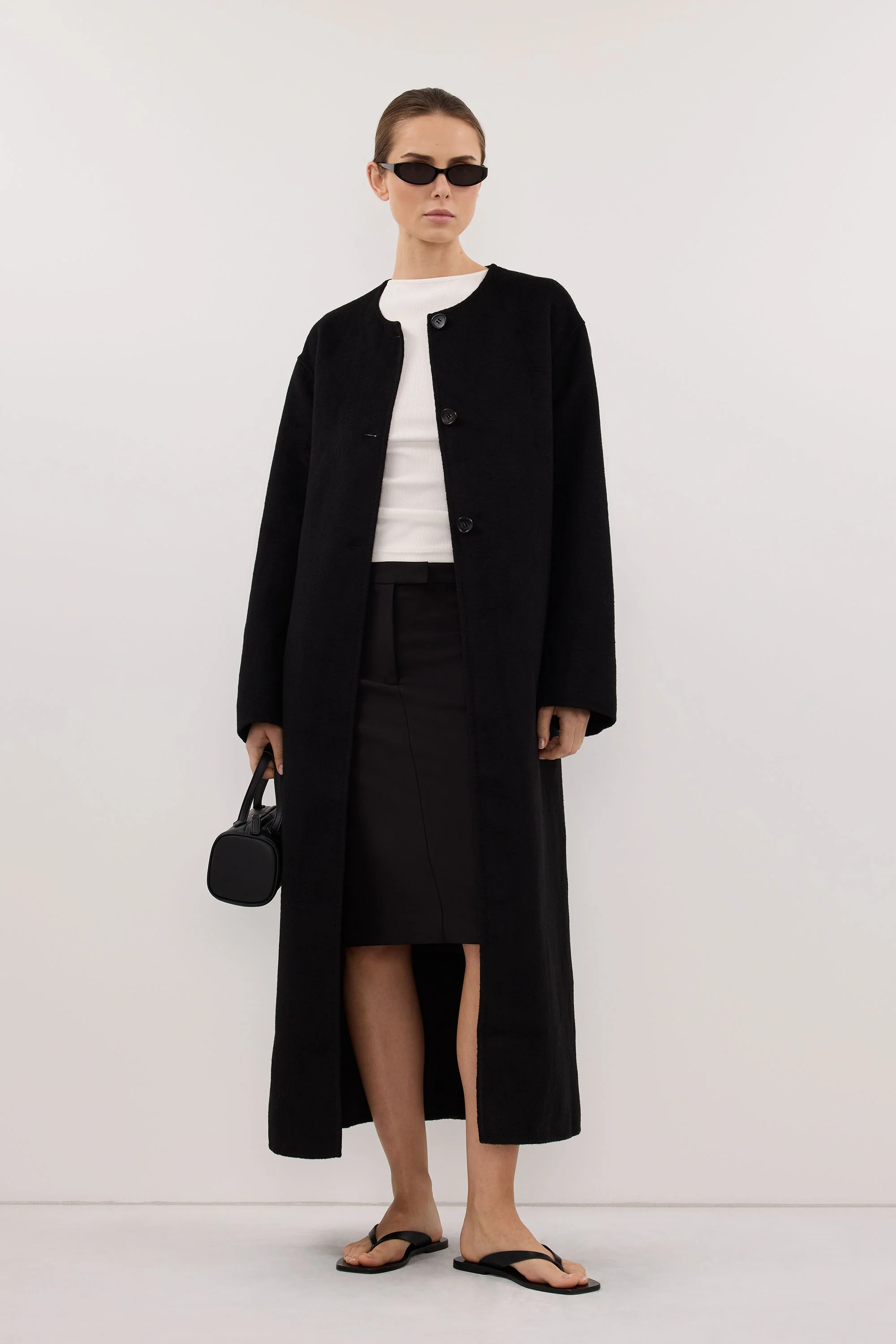 GRETA BLACK COLLARLESS WOOL BLEND COAT - Image 6