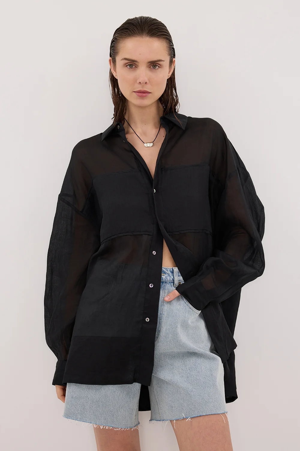 KAI BLACK OVERSIZED RAMIE LONG SLEEVE SHIRT - Image 2