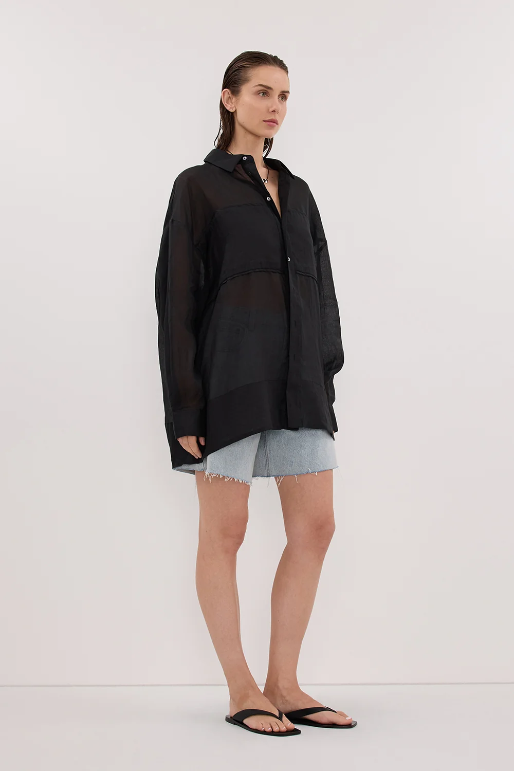 KAI BLACK OVERSIZED RAMIE LONG SLEEVE SHIRT - Image 3