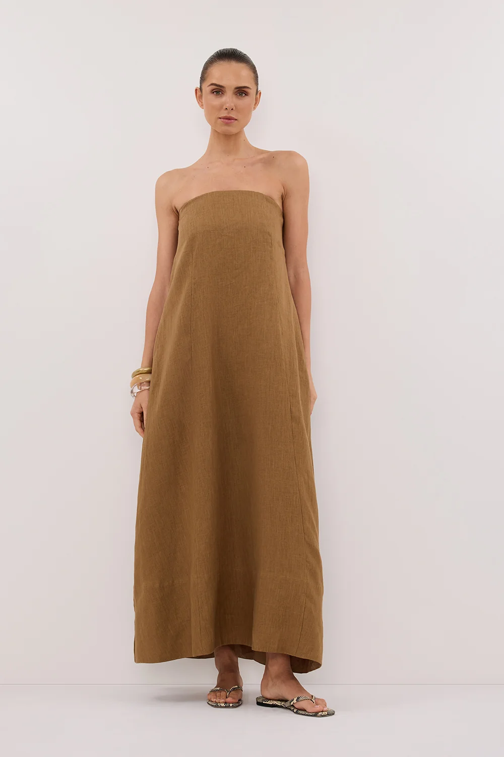 KINSLEY FERN LINEN STRAPLESS MIDI DRESS