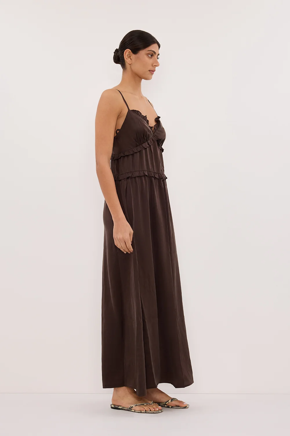 LENA BITTER CHOC SILK SLEEVELESS MAXI DRESS - Image 3