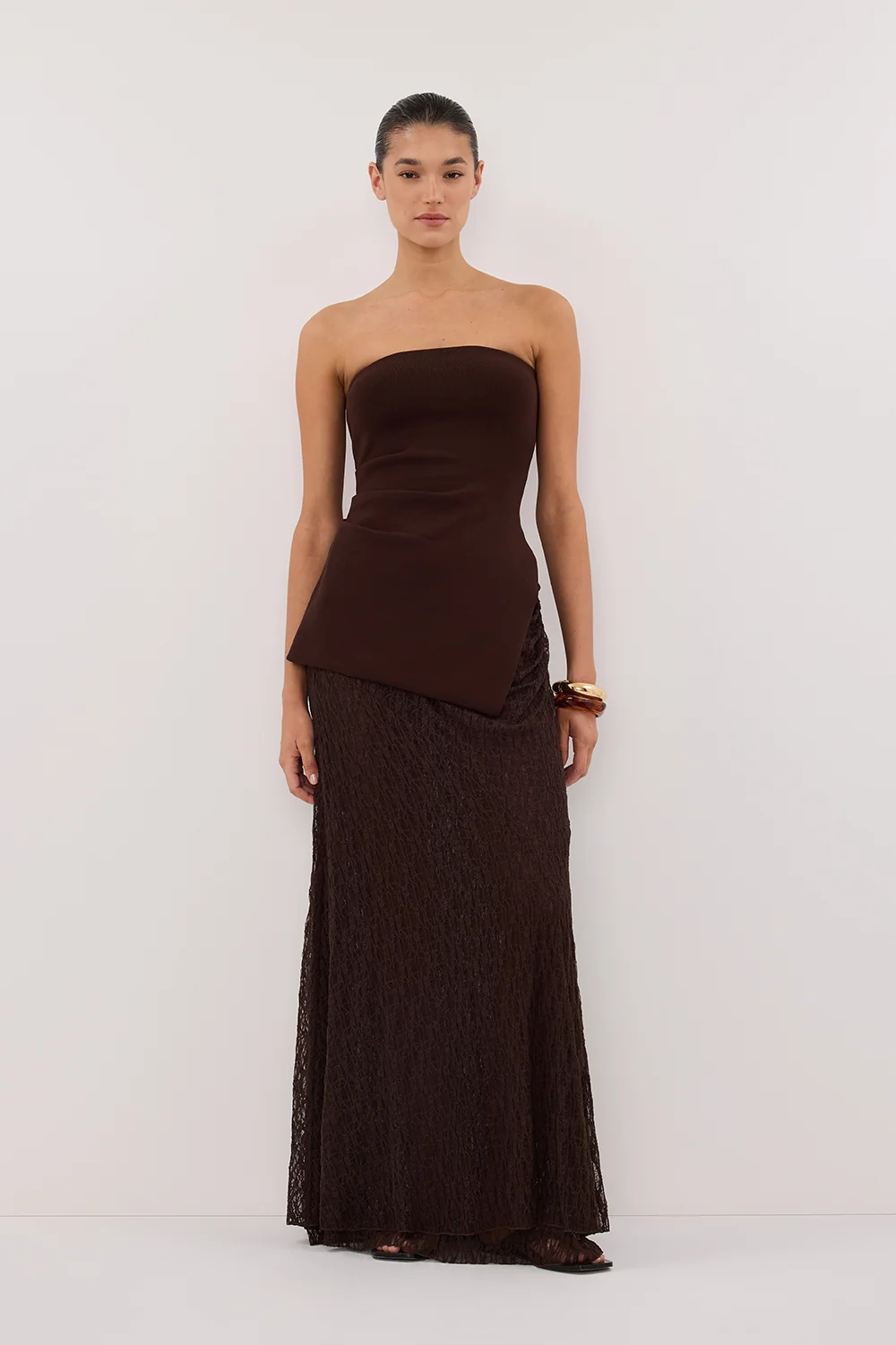 LIZZIE DARK CHOC LAYERED LACE MIDI SKIRT