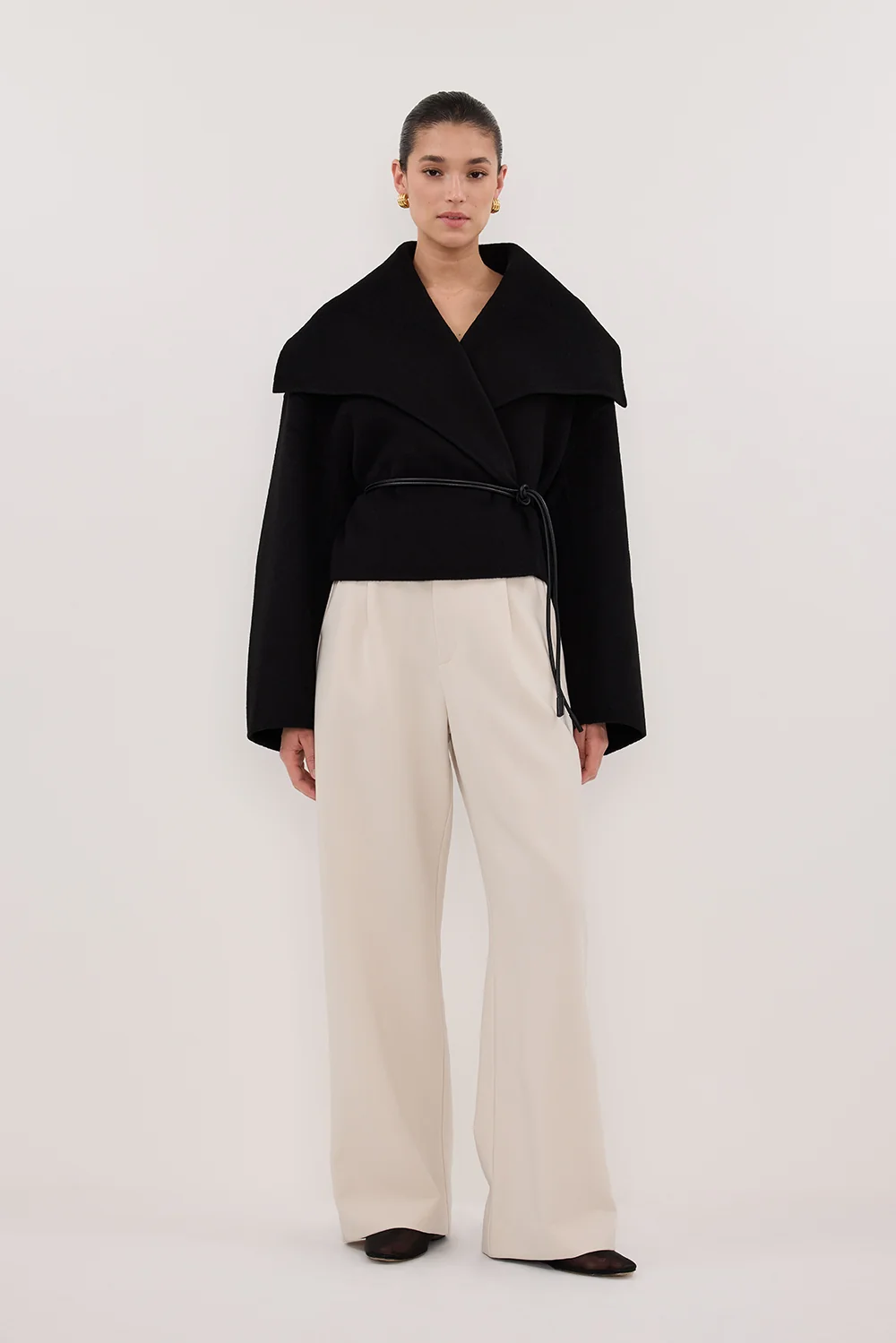 LUCIA BLACK CROPPED WOOL BLEND TRENCH COAT - Image 6
