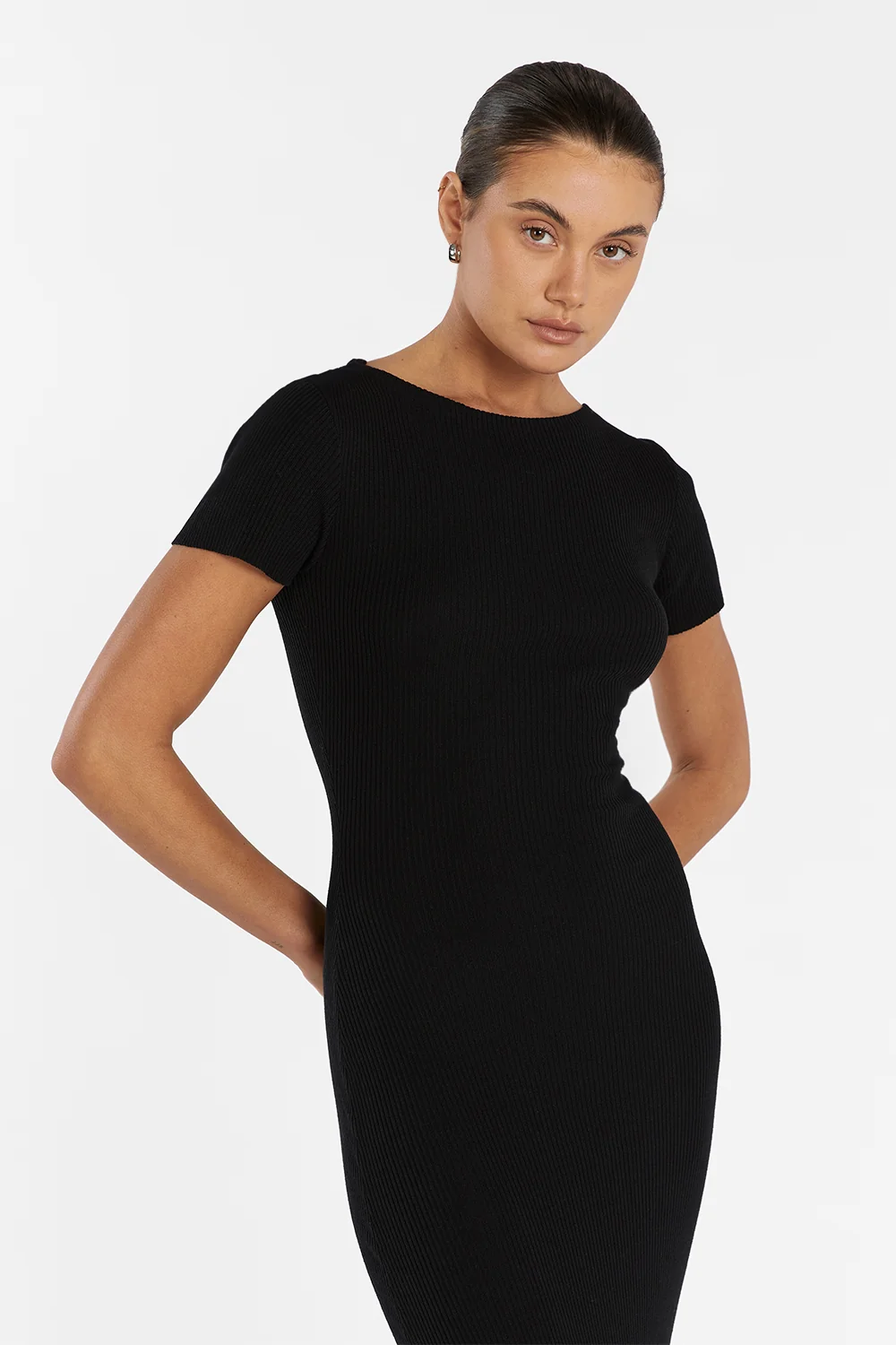 MAX BLACK BOAT NECK KNIT MIDI DRESS - Image 2