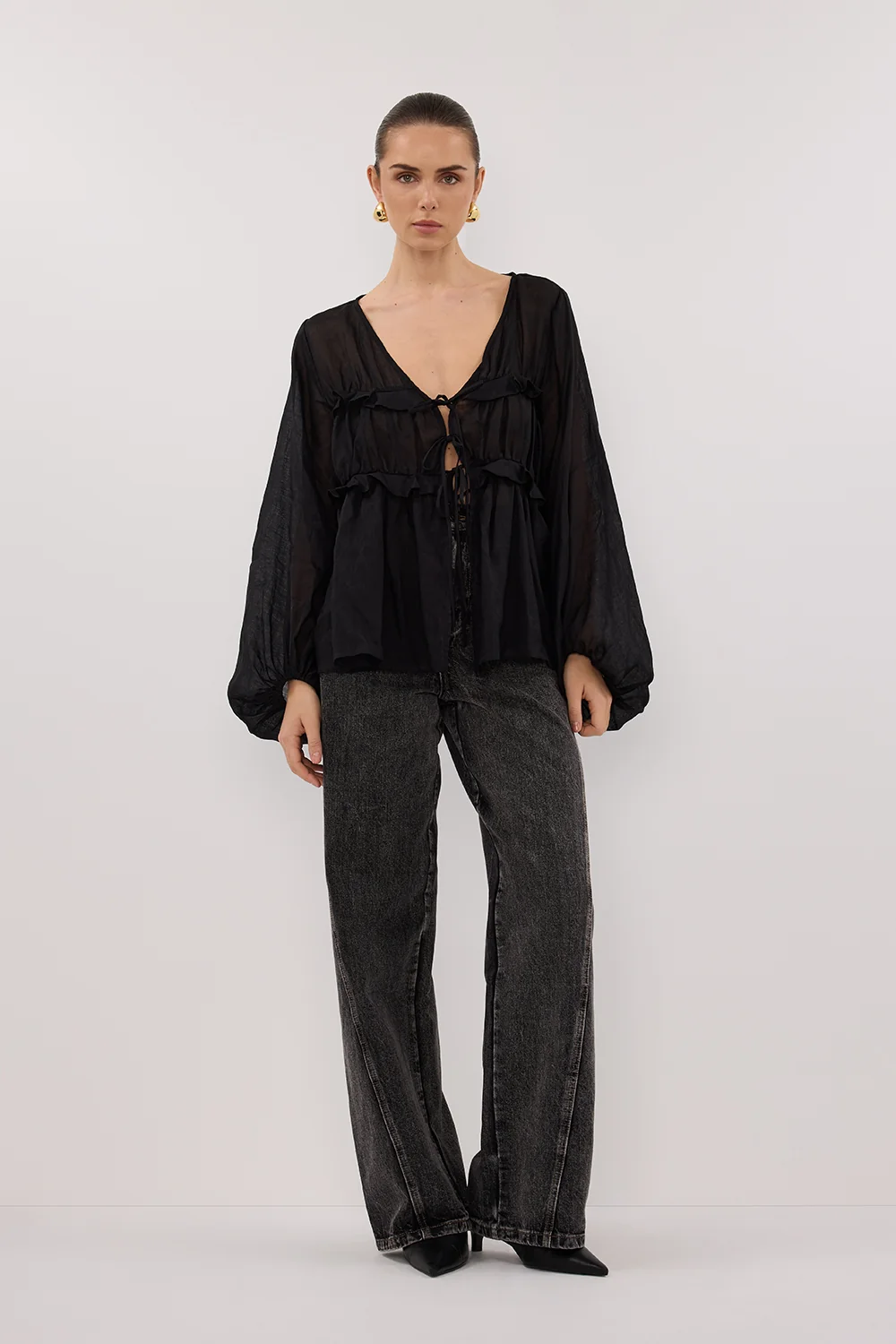 MILA BLACK RAMIE LONG SLEEVE FRILL TOP