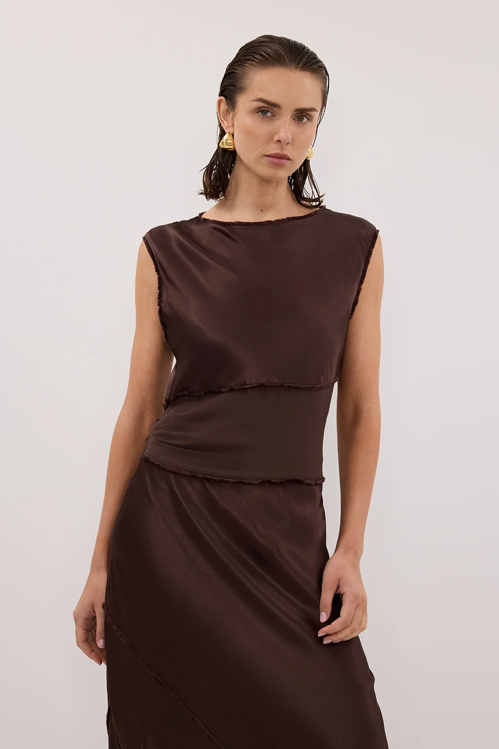 MONICA BITTER CHOCOLATE SATIN MIDI DRESS - Image 2