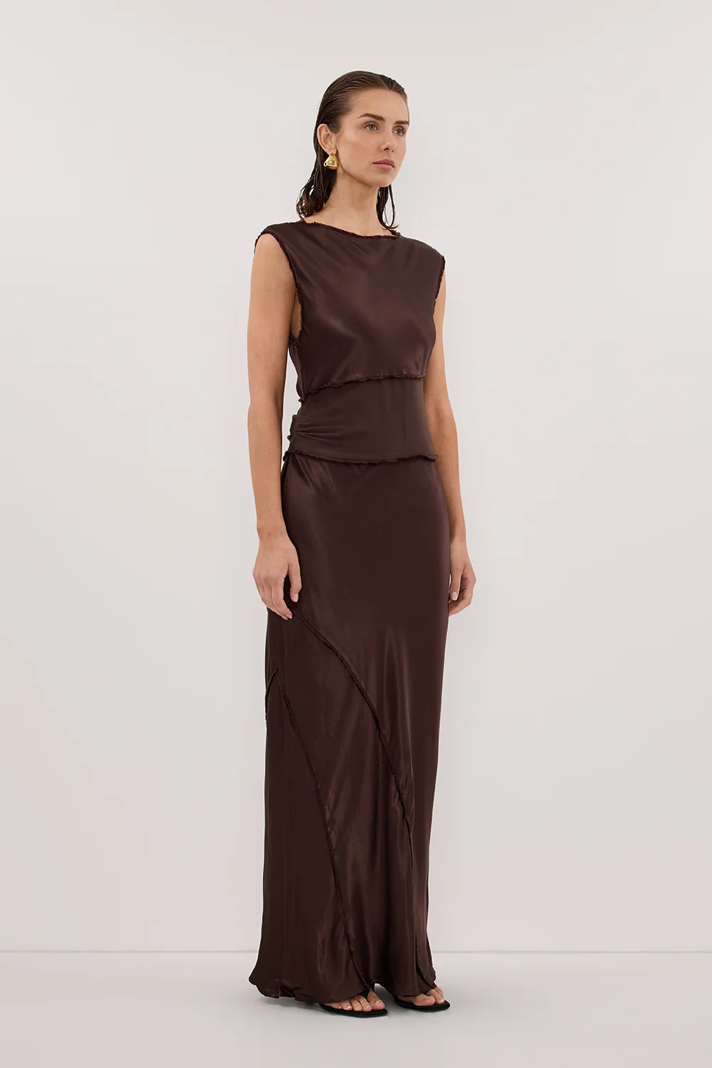MONICA BITTER CHOCOLATE SATIN MIDI DRESS - Image 3