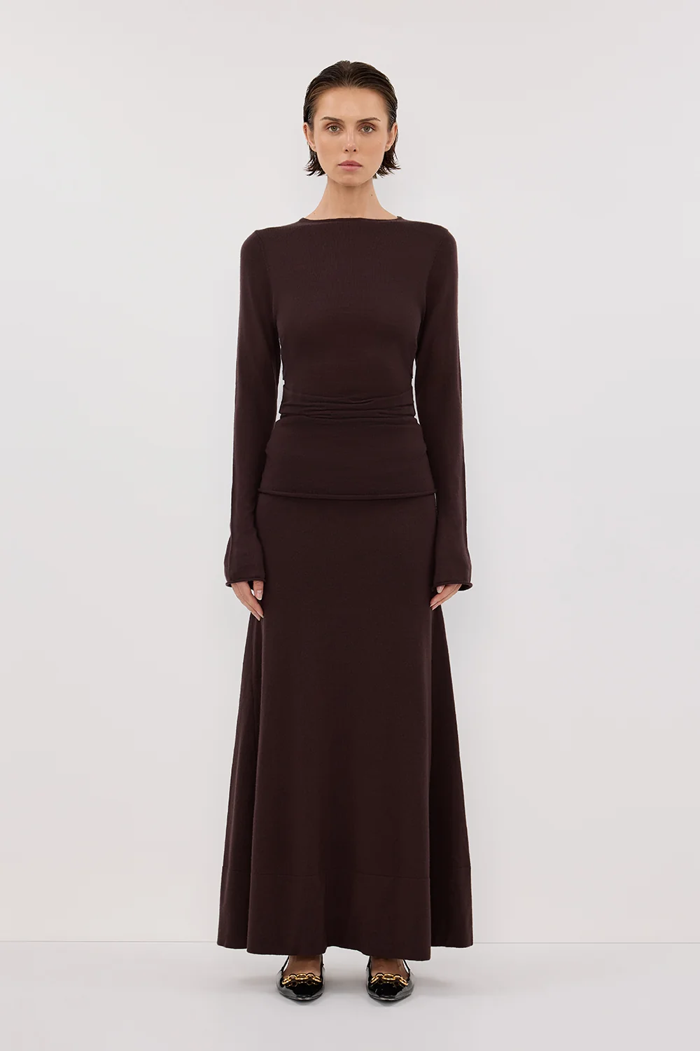 NICO BITTER CHOC MERINO MAXI SKIRT