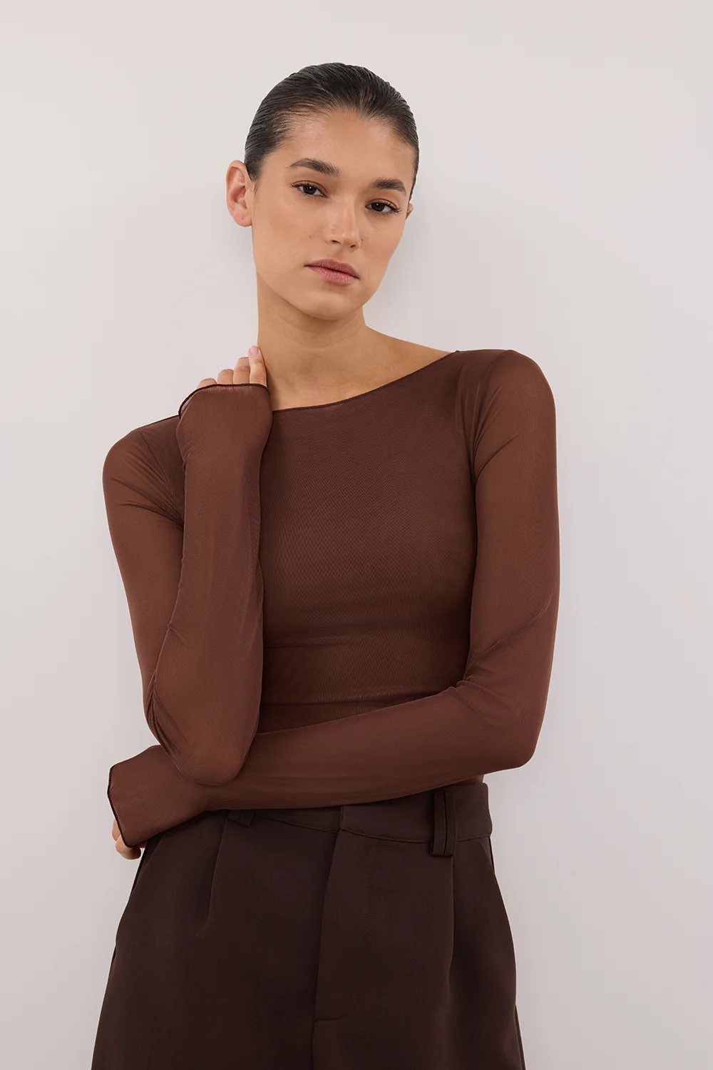 NYRA CHOC LONG SLEEVE MESH TOP - Image 5