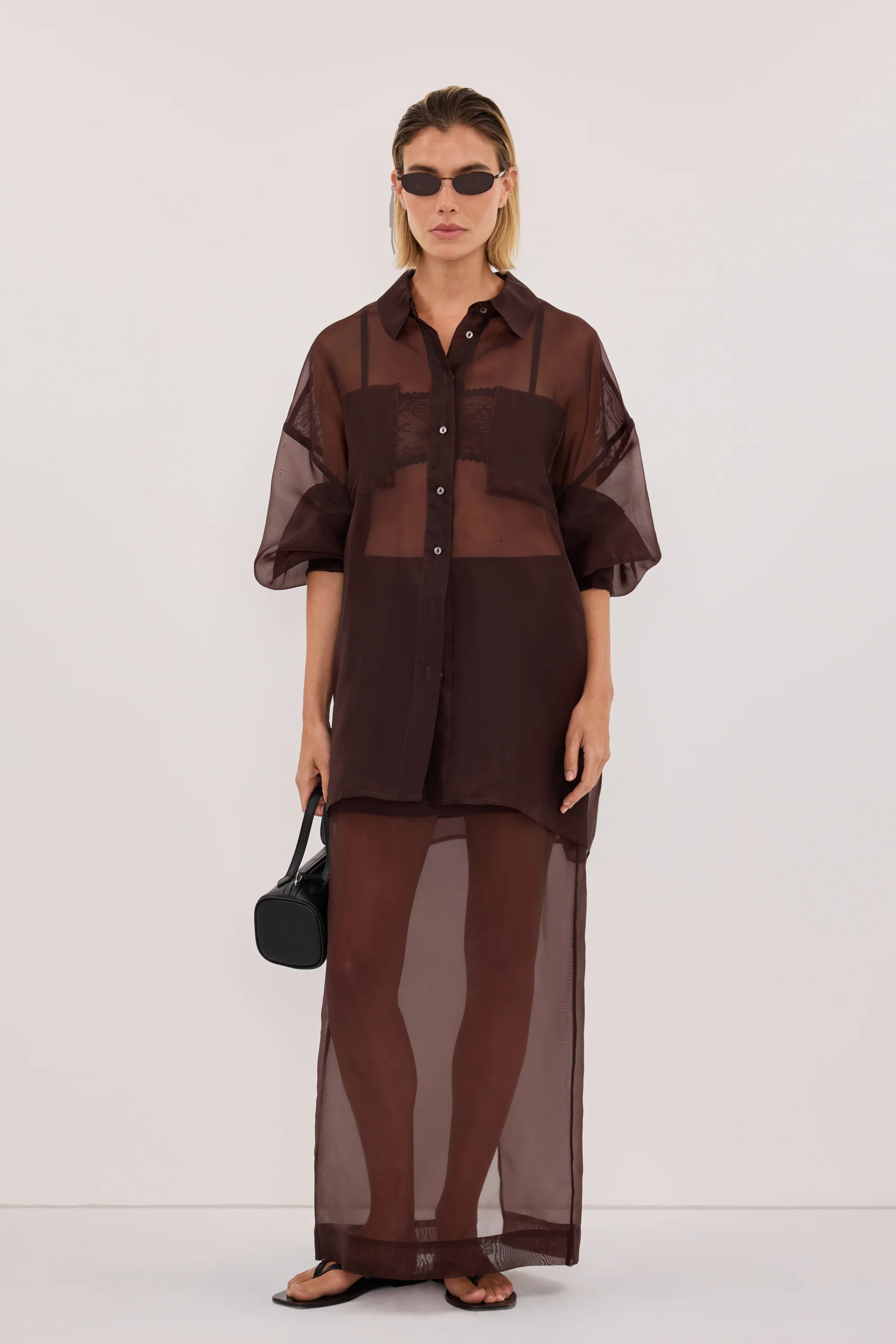 SIAN DARK CHOC SILK ORGANZA MIDI SKIRT - Image 3