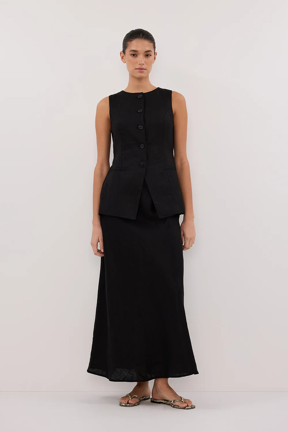 TYRA BLACK LINEN MIDI SKIRT